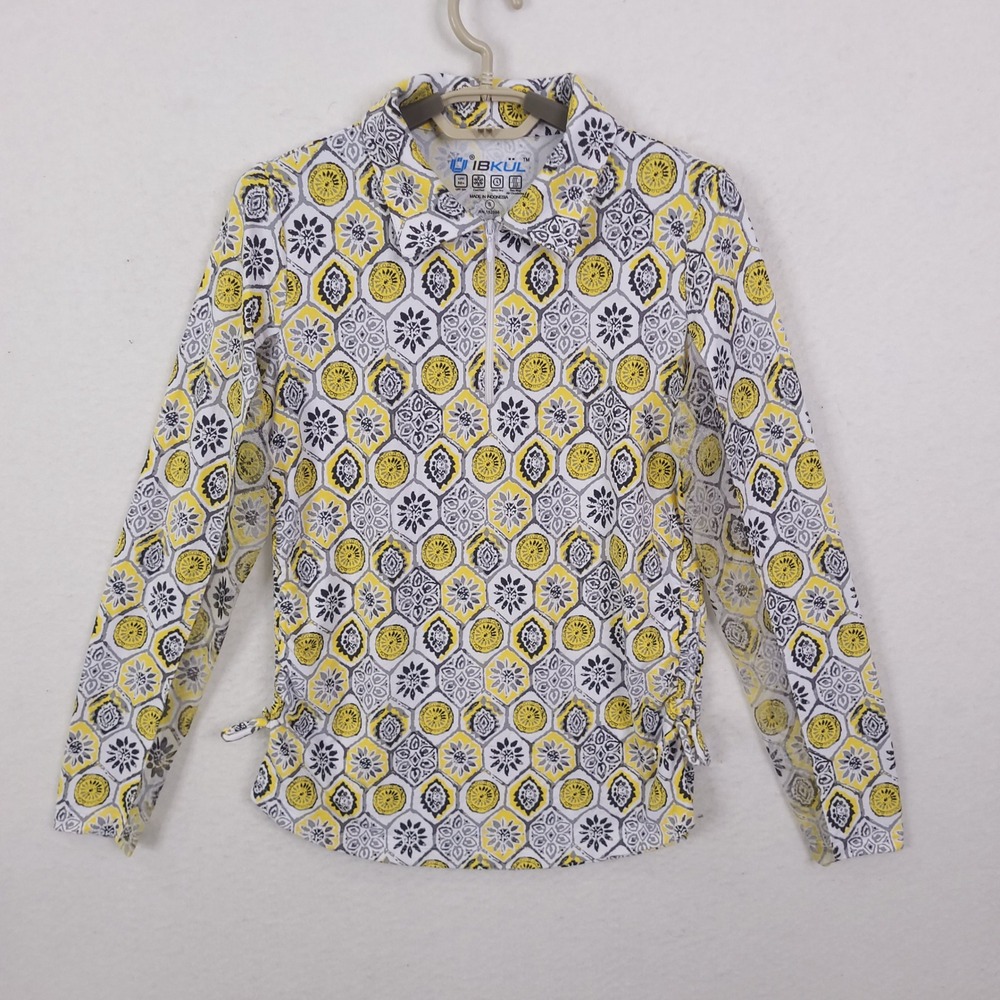 IBKÜL Sun Shirt Womens Small Yellow Geometric IceFil UPF 50+ Golf Tennis 1/4 Zip
